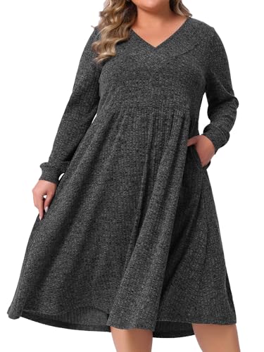 Image of Agnes Orinda Plus Size Sweater Dresses for Women V Neck Long Sleeve Ribbed Knit Elegant A Line Dress with Pockets 3X Dark Gray
