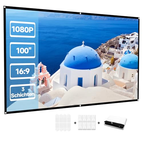 Leinwand Beamer 100 Zoll,16:9 Full HD Faltbarer Beamer Leinwand,Waschbar Anti-Falten Tragbare Projector Scre für Heimkino, Büro und Camping(Weiß)