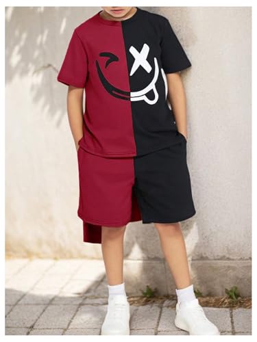 Image of RoseSeek Boy's 2 Piece Outfits Floral Print Short Sleeve Crewneck T Shirt and Shorts Set Summer Outfits