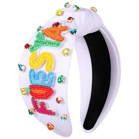 YAHPERN Mexican Headband for Women - Fiesta Knotted Headband with Beaded Lettering & Rhinestone - Cinco De Mayo Hair Accessory - Wide Top Knot Headband - Party Favors Gifts Cover
