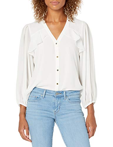 Calvin Klein Women's Button Up Long Sleeve Blouse with Ruffles, Soft White, Medium