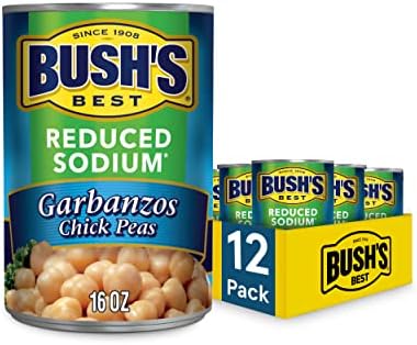 BUSH'S BEST Reduced Sodium Garbanzo Beans, Source of Plant Based Protein and Fiber, Low Fat, Gluten Free, 16 oz (12 cans)