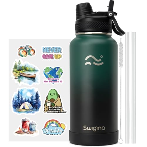 Image of Swigina Insulated Water Bottle with Silicone Boot (36hrs Cold /18hrs Hot) - DIY Stickers, [2-in-1 Lid], BPA Free, 32 oz
