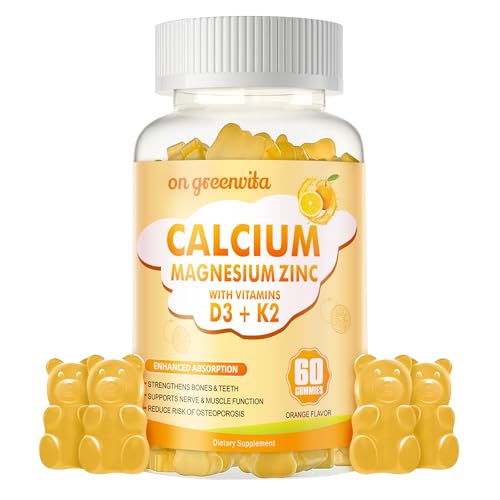 Calcium Magnesium Zinc Gummies with Vitamin D3 & K2 - High Potency Enhanced Absorption -60 Orange...