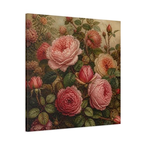 Tableau roses vintage pour salon chic, toile florale 75x75 cm au-dessus de cheminée