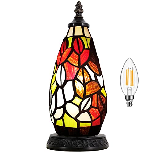 Zjart Tiffany Table Lamp Lighthouse Small Stained Glass Christmas Tree Night Light Bedisde Mini Tower Antique Accent Vintage Desk Light 11 Inch Multi-Color Maple Leaves Style For Bedroom Desktop #TOP14