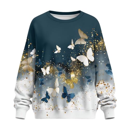 xixirimido Loose Fitting Pullover Sweatshirts for Women, Soft Round Neck Glitter Butterfly Pullover Tops Fall Outdoor Clothing with Drop Shoulder