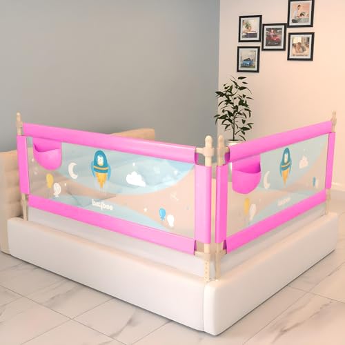 Image of BAYBEE Baby Bed Rails Guard (150x63 cm), Bed Rail for Baby Kids Safety, Portable Bed Rail Falling Protector Fence with Adjustable Height, Foldable Bed Rails for Newborn, Pack of 2, (Pink)