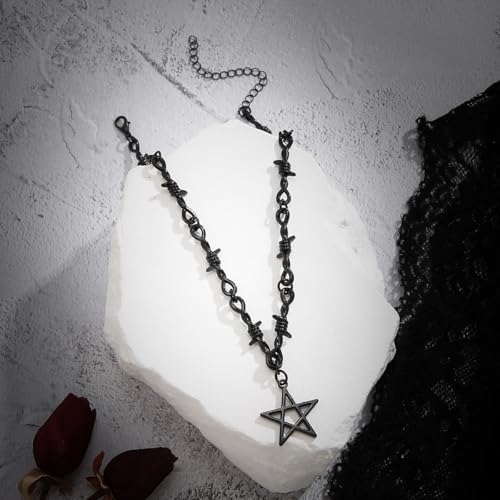 Gothic Thorn Necklace Punk Style Pentagram Thorn Barbed Wire Necklace Black Metal Star Thorn Choker Necklace Christmas Birthday Party Halloween Costume Jewelry for Women Men3