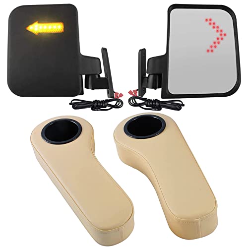 No Drilling Golf Cart Armrest With Cup Holder For Rear Seat Beige With 1" Square Tube + Golf Cart Side Mirrors With Led Turn Signal Light #TOP14