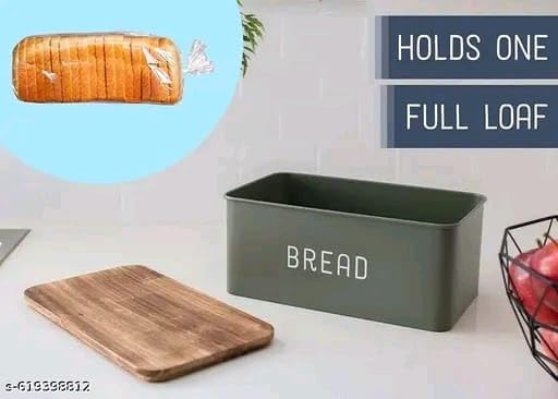 Image of Metal Bread Box Set | Airtight Bread Storange Box For Kitchen Bread Dispenser Food Grade Storage Box with Wooden Lid - 4 litre