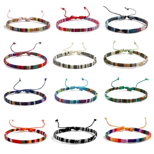 Riceel 12 Stück Freundschaftsarmband, Gewebte Armbänder, Handgefertigtes Geflochtenes Armband Verstellbar, Multi Farbe Unisex Armband