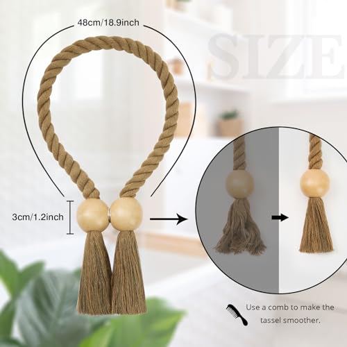 Pretty Jolly 4 Pack Wooden Ball Magnetic Curtain Tiebacks Boho Home Decor Drape Tie Backs Natural Cotton Hand Woven Rope Curtain Holdbacks for Thin & Thick Home & Office Window Draperies (A-Khaki) - Image 4