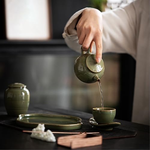 Théière et tasses de thé chinois cyan en céramique artisanale d'exception - 7