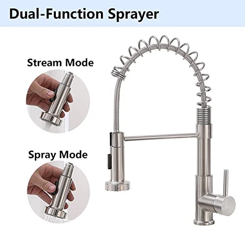 Shaco Commercial Brushed Nickel Kitchen Faucet With Pull Down Sprayer, Modern Stainless Steel Single Handle Spring Kitchen Faucets For Farmhouse Outdoor Rv Camper Laundry Prep Wet Bar Sink 1 Hole #TOP4