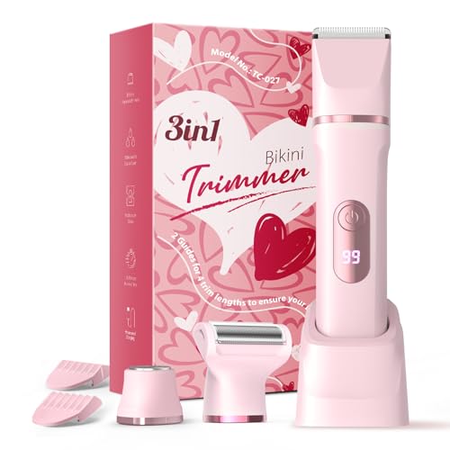 Bikini Trimmer for Women 3-in-1 Lady Shaver with LED Display Electric Razor for Women Pubic Hair Trimmer IPX7 Waterproof Wet & Dry Ceramic Blade USB Charging Dock Pink