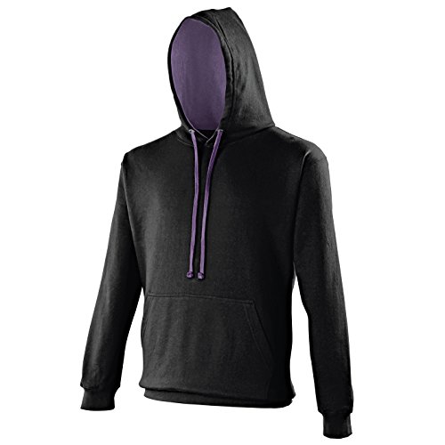 AWDis Varsity Hoodie - Plain Hooded Sweatshirt Contrast Hood & Draw Strings - Jet Black/Purple (L)