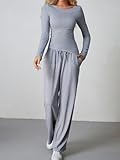Conjunto de dos piezas para mujer, camisa ajustada de manga larga y pantalones de pierna ancha, conjunto de descanso con bolsillos, Gris, S
