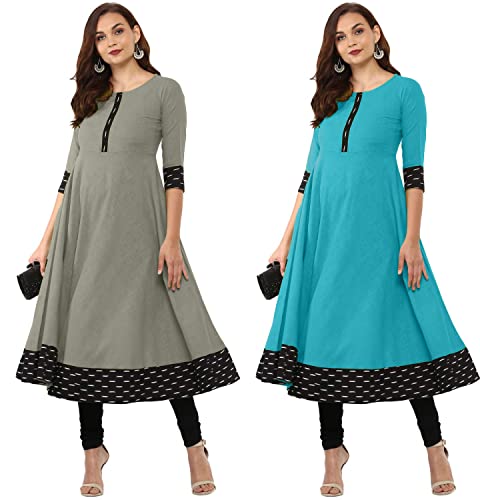 Image of NATEK Plain Cotton Fresh Arrival Anarkali Kurti Kurta for Ladies Women - Combo Set of 2 Grey, SkyBlue Color Large Size