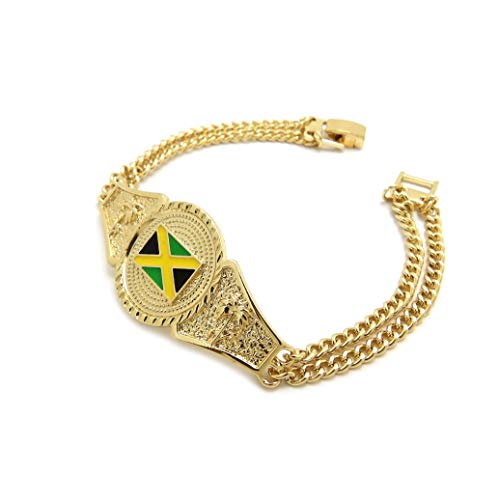 CBC Crown Dominican Republic, Jamaica Flag Center Piece 8 Inches Cuban Link Chain Bracelet in Gold or Silver Tone4