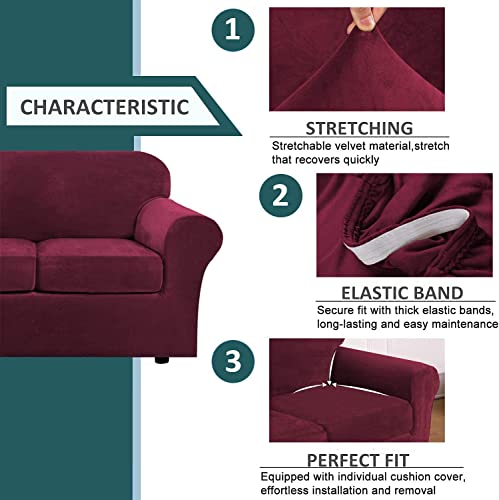 Housse de canapé de luxe en velours doux extensible teinte rouge-vin - 3