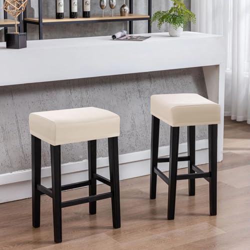 Image of YISUN Stool Covers Rectangle - 2 Pack Stretch Waterproof Saddle Seat Cover Counter Bar Stools Bar Chairs Covers Kitchen Island Chairs Cushion Protector (2, Pu Leather-Beige)