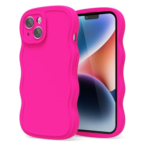 oakxco Silicone Case for iPhone 14 Plus Case Wavy Edge, Cute Curly Wave Frame Ripple Trendy Design Girly Phone Case for Women, Y2k Aesthetic Plain Soft Rubber & Camera Cover Protection, Neon Hot Pink