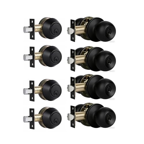 Front Door Lock Set Exterior Door Lock Set with Deadbolt, Single Cylinder Deadbolt Lock and Door Knob Set, Keyed Alike,Matte Black Door Knob and Deadbolt Set(4Pack Set)