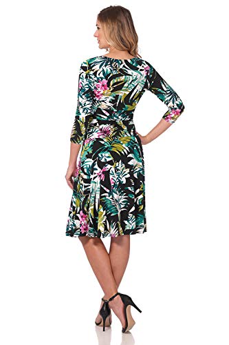Rekucci Women's Slimming 3/4 Sleeve Fit-and-Flare Crossover Tummy Control Dress (8, Hot Tropic)