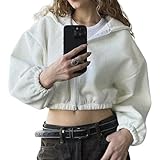 [Maison de TAO] メゾンドタオ レディース パーカー 裏起毛 ショート丈 クロップド丈 フード付き フーディー ジップアップ 長袖 カジュアル 秋冬 トップス (ホワイト, L)