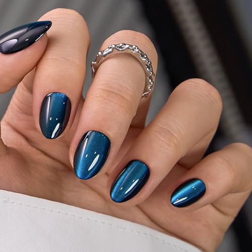 Image of CurvLife Short Oval Press On Nails, Blue, Blue Cat, Soft Gel