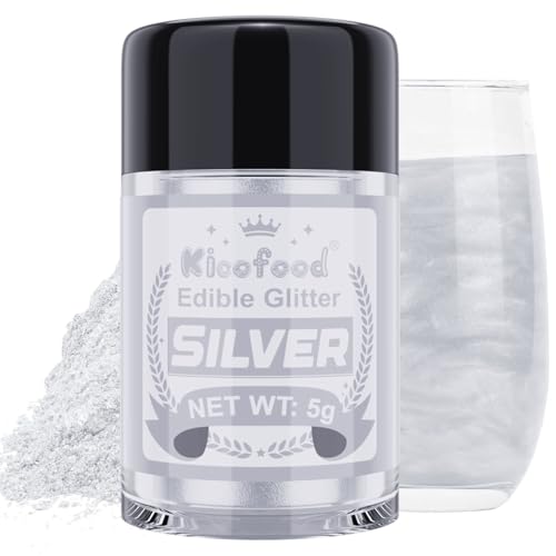 Edible Glitter for Drinks - Kicofood 5g Edible Lustre Dust Food Grade, Edible Glitter for Cakes Fondant Cream Muffins Chocolates Cocktail (Silver)