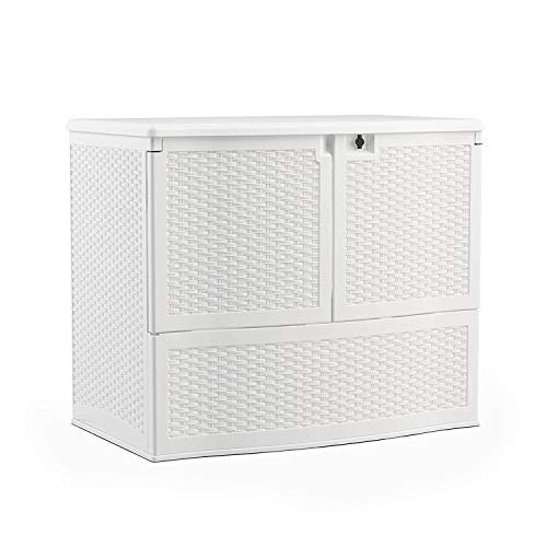 Suncast VDB19500WSD 195-Gallon Large Deck Box Entertaining Station Lightweight Resin Indoor/Outdoor Storage Container and Seat Cushions and Gardening Tools-Store Items on Patio, Garage, Yard, White