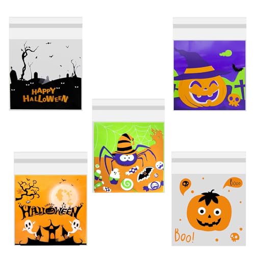 200 Pcs Halloween Candy Bags, 5 Styles 4 * 4 inch Halloween Small Cellophane Bags Halloweens Cookie Bags for Halloweens Party Cookie Sweet Snacks Gifts Bags