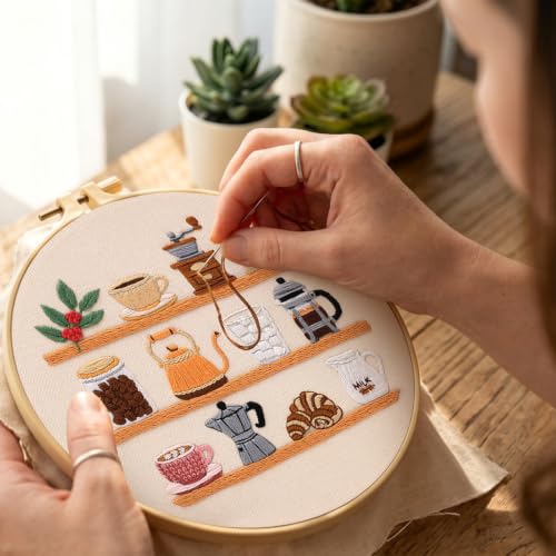 Image of Nuberlic Coffee Bar Embroidery Kit for Beginners | Aesthetic Coffee Shelf Design, Cross Stitch Starter Kit for Adults, Complete Needlepoint Kit