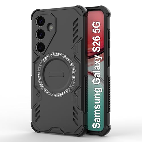 amazon basics Back Case Cover for Samsung Galaxy S26 5G | Magnetic Case with Built-in Metal Ring | Supports MagSafe Charger, Wallet & Car Mount | Shockproof Hybrid PC + TPU | Black