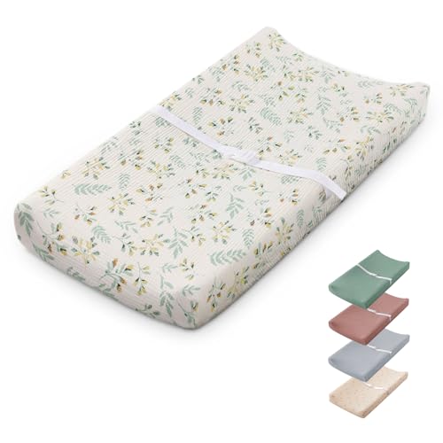 Image of Blissful Diary Muslin Baby Changing Pad with Waterproof Lining Foam, Diaper Changing Table Pad with Cover for Dressers (Botanical Leaf, Rectangular)
