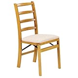 Stakmore Shaker Ladderback Wooden Folding Chairs with Padded Seats, Set of 2 - No Assembly Foldable Dining Chairs, Steel Folding Mechanism, Upholstered Leather Cushion, Space-Saving, Oak Frame