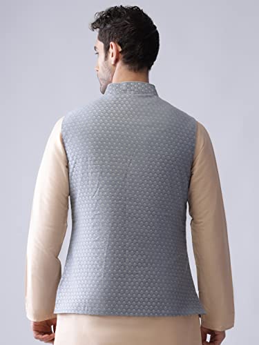 Image of KISAH Men's Cream Jacquard Silk Blend Nehru Jacket- Traditional Indian Waistcoat for Weddings & Royal Parties