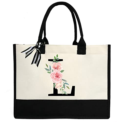 Bolsa feminina de lona com inicial personalizada, bolsa de praia com bolso interno com zíper para casamento, aniversário, praia, férias, G, Large