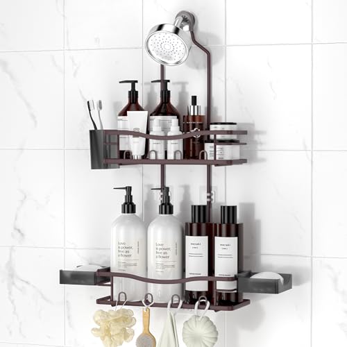 REINHARDT Shower Caddy Hanging Rustproof Shower Caddy Anti-Swing Shower Organizer No Drilling Showers Racks with Soap Holder Multi Hooks Bathroom Storage for Shampoo Sponge Bronze