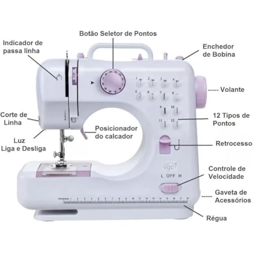 Mini Máquina De Costura Doméstica Magnifica Portátil Compacta 12 Pontos Com Led - Bivolt 110V/220V -