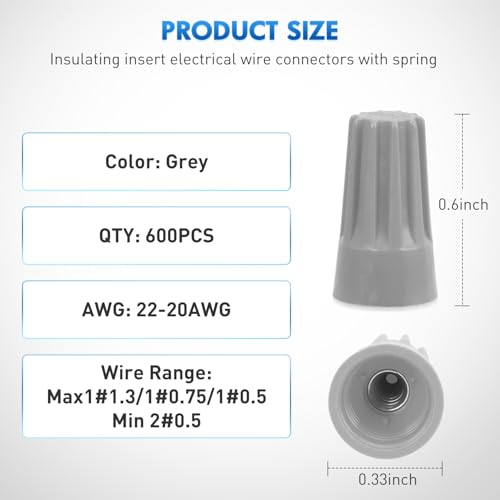 Image of Nilight 600PCS Gray Wire Connectors Kit 22-20 AWG Electric Wire Caps Insulating Insert Twist Electrical Wire Terminal with Spring for Connect Electrical Wiring Automotive Car Truck Boats Marine