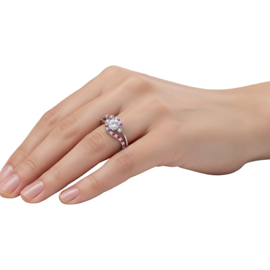 Image of Choose Your Gemstone Swirl 3 Stone Diamond CZ Engagement Ring 925 Sterling Silver Round Shape Side Stone Engagement Rings for Women, Girls and Ladies US Size 4 to 12