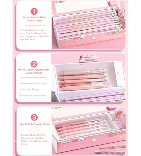 Image of Invite Enterprise Plastic Multilayer Password Lock Pencil Box - Large Capacity Cartoon Print Pen Case for Girls & Boys | Stylish School Stationery Organizer for Kids (Nini-Purple Color)