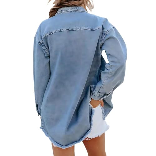 Womens Oversized Denim Jacket Washed Jean Long Sleeve Button Down Shacket Distressed Jean Jackets Fall Outfits3