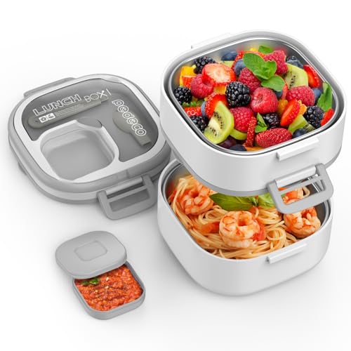PEDECO Double-Layer Bento Lunch Box for Kids & Adults with Removable Stainless Steel Dividers,Dressing Container,BPA-Free,Dishwasher Safe - Includes Utensil,(White,Non-Insulated)