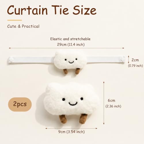 Image of HASTHIP 2pcs Cartoon Cloud Curtain Tiebacks Adjustable Snap Fit | Cute 3d plush design, flexible binding decor for kids bedroom nursery window curtains