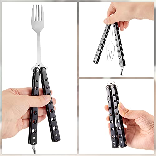 Flutesan 2 Pcs Butterfly Fork and Spoon Set, Tactical Butterfly Spoon Folding Stainless Steel Spork Utensil Set Balisong Trainer for Travel Camping Hunting BBQ Kitchen(Black)
