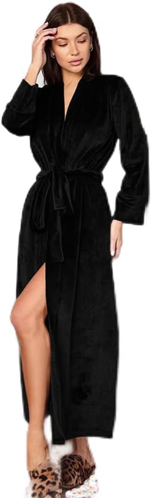 Robe de chambre longue en velours pour femme avec col châle Noir, Noir , L